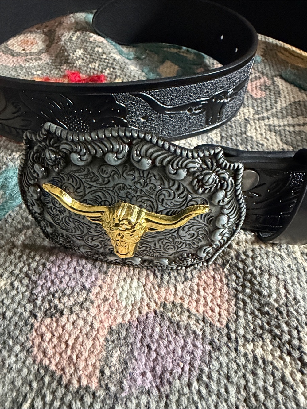 Classic leather Black Western Belt with Gold Longhorn Buckle
